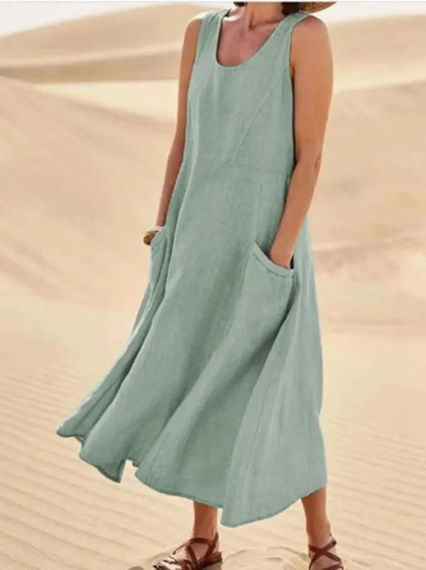 Women's Sleeveless Linen Maxi Dress with Side Pockets