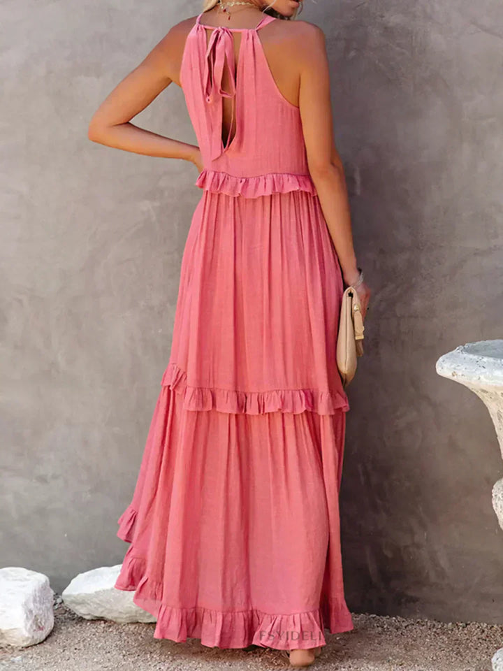 Women's Sleeveless Ruffle Maxi Dress with Halter Neck