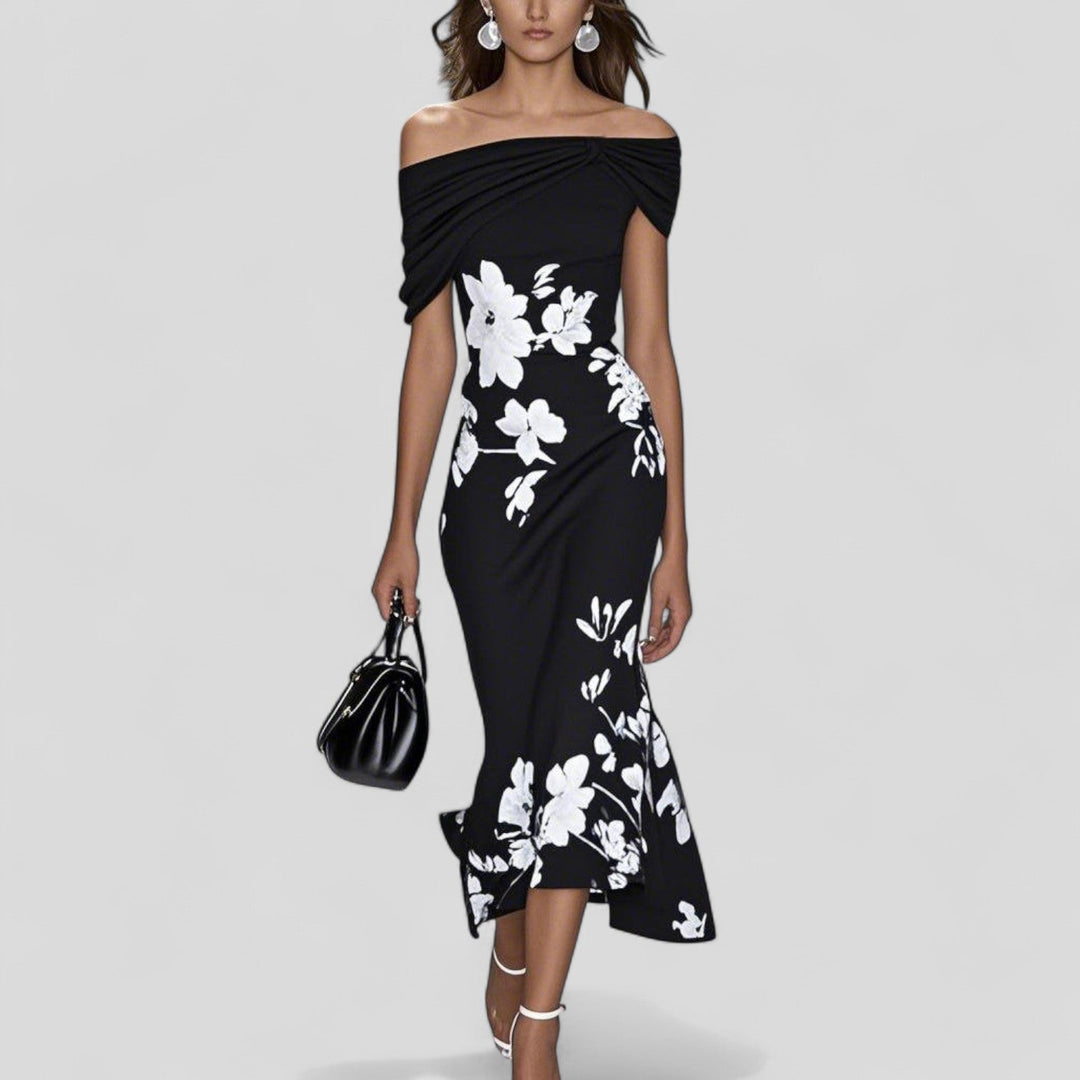 Women's Off-Shoulder Floral Midi Dress with Ruffle Hem and Wrap Neckline