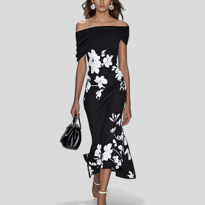 Women's Off-Shoulder Floral Midi Dress with Ruffle Hem and Wrap Neckline