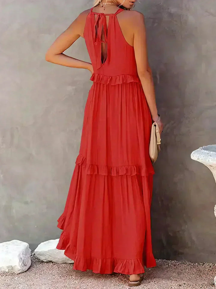 Women's Sleeveless Ruffle Maxi Dress with Halter Neck