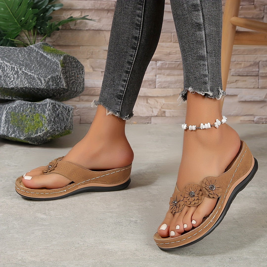 Women's Orthopedic Wedge Flip Flop Sandals with Floral Detail