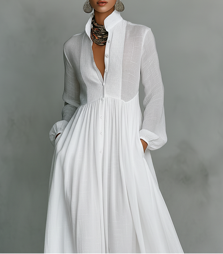 Women's Long Sleeve Button Front Flowy Maxi Dress