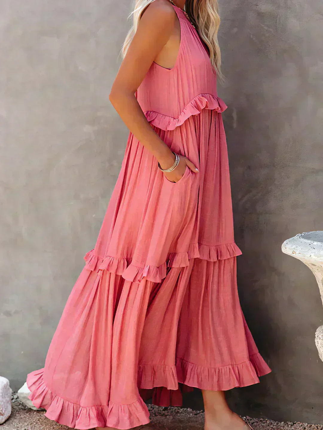 Women's Sleeveless Ruffle Maxi Dress with Halter Neck