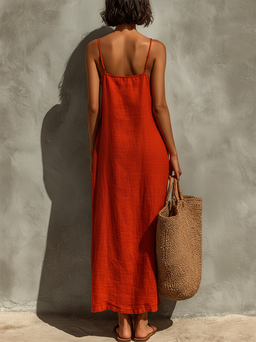 Women's Cotton Maxi Dress Spaghetti Strap Square Neck