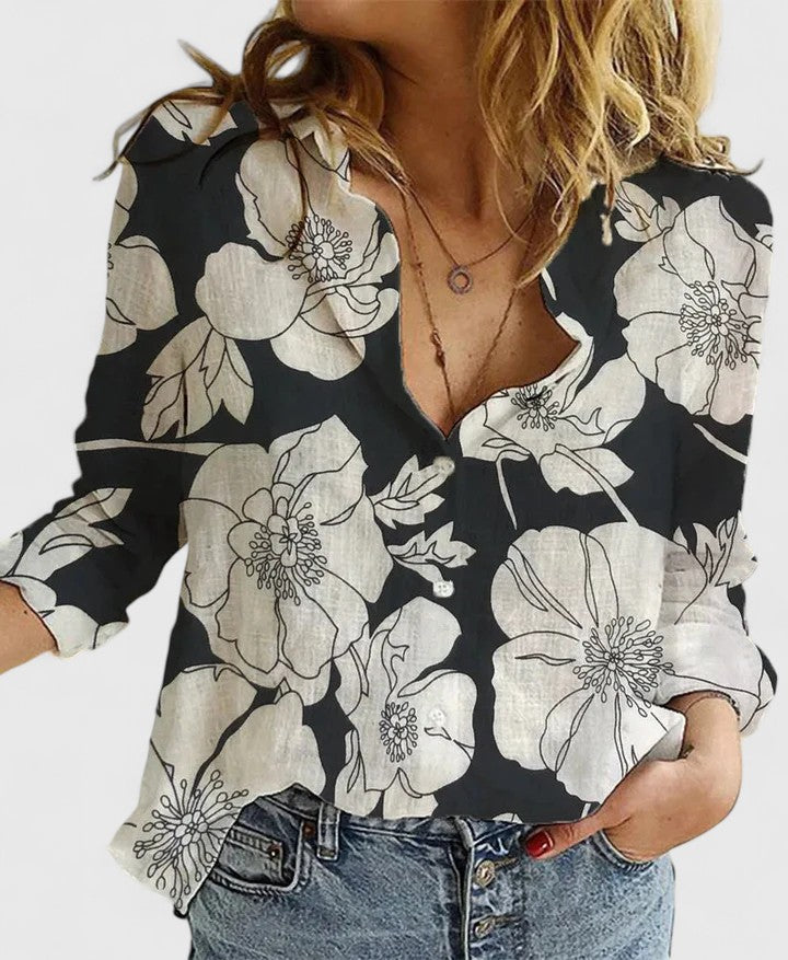 Women's Linen Button Down Shirt with Lapel Collar and Curved Hem