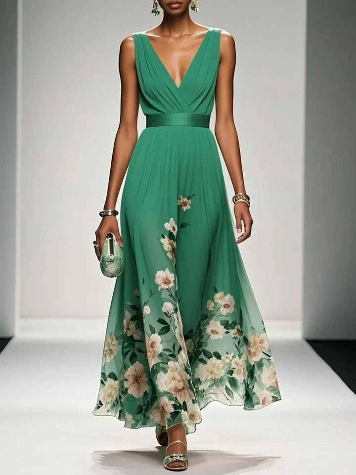 Women's Floral Print V-Neck Wedding Guest Maxi Dress