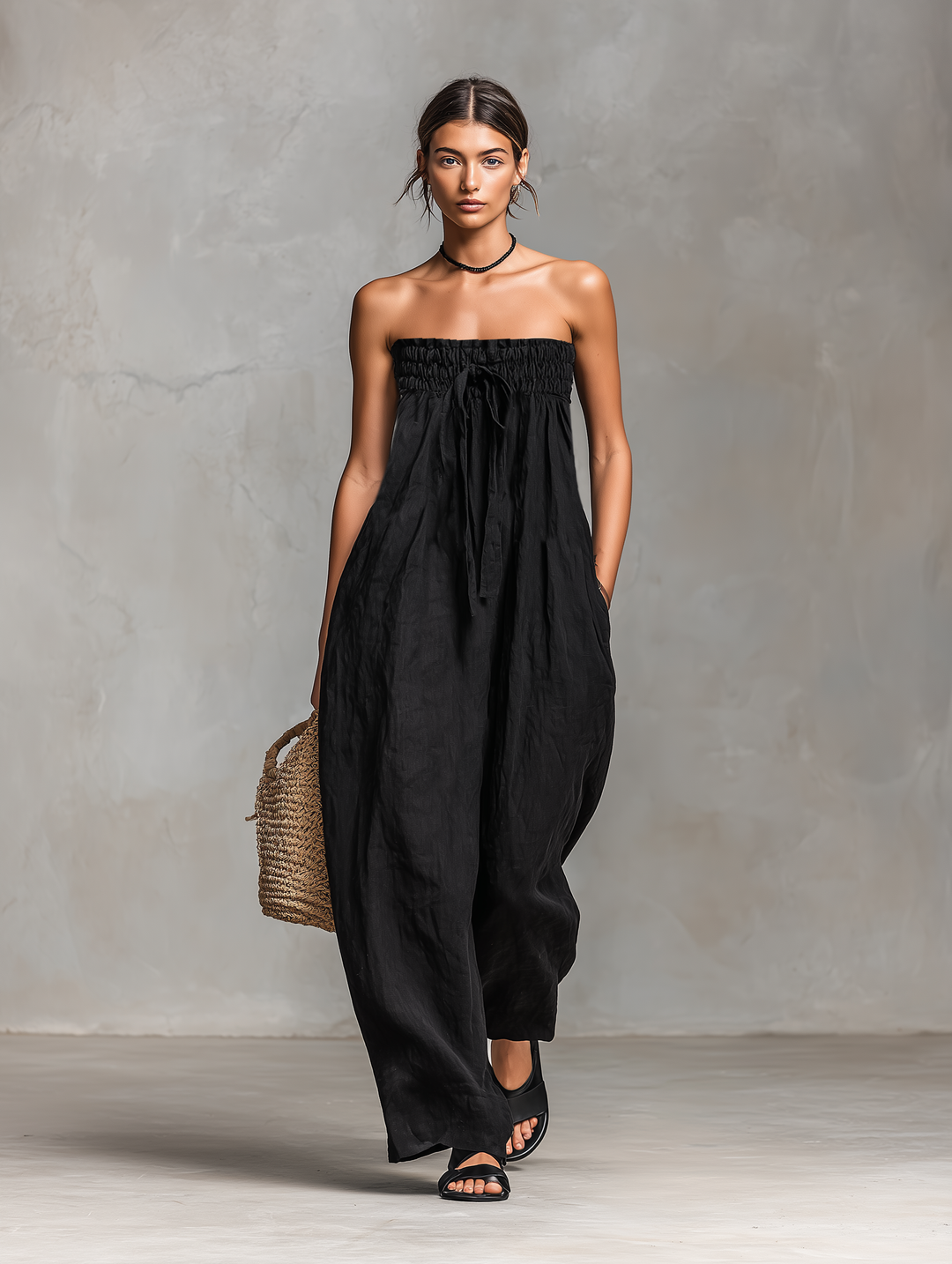 Women's Linen Strapless Jumpsuit Loose Fit Tie Closure