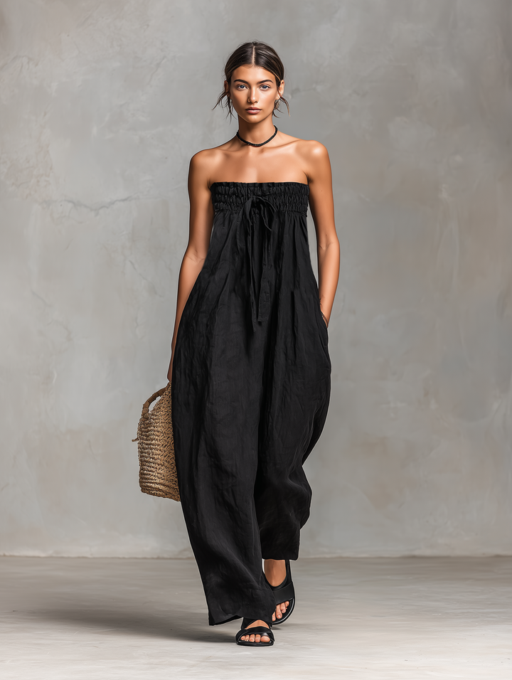 Women's Linen Strapless Jumpsuit Loose Fit Tie Closure