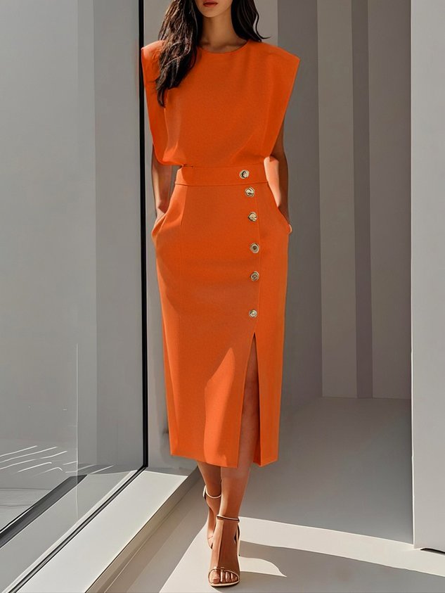 Women's Sleeveless Midi Dress Button Detail Side Split