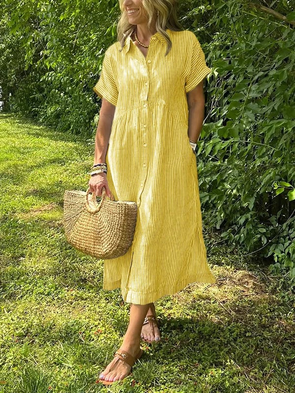 Women's Striped Button Front Midi Shirt Dress Short Sleeve