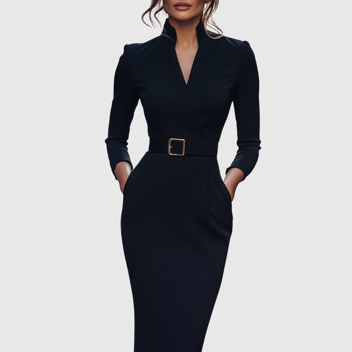 Women's Belted Pencil Midi Dress Long Sleeve V-Neck