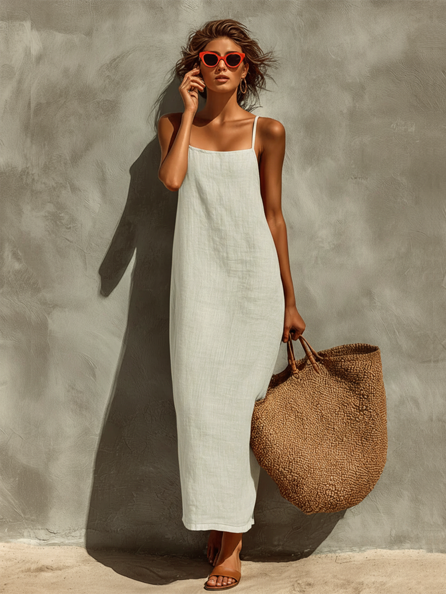Women's Cotton Maxi Dress Spaghetti Strap Square Neck