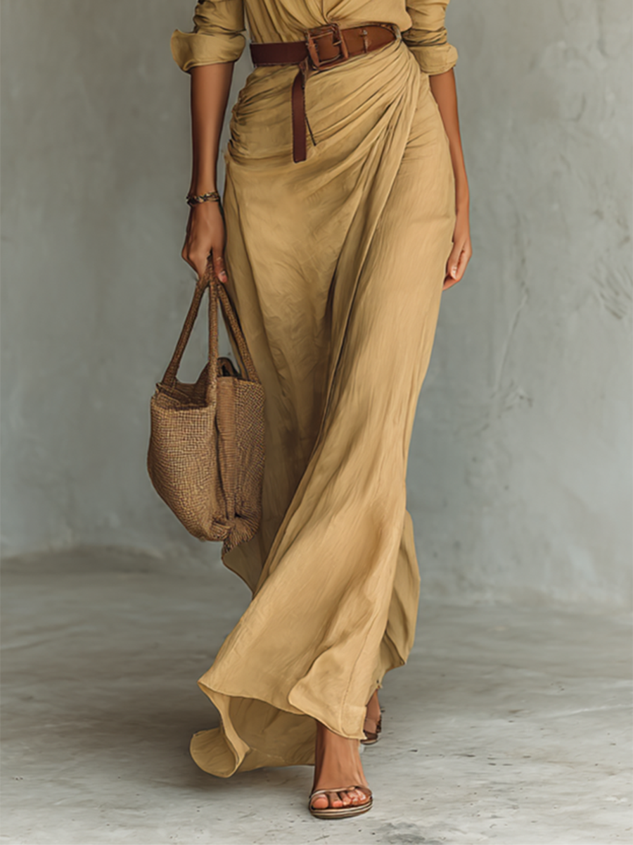 Women's Belted Maxi Dress with Lapel V-Neck and Long Sleeves