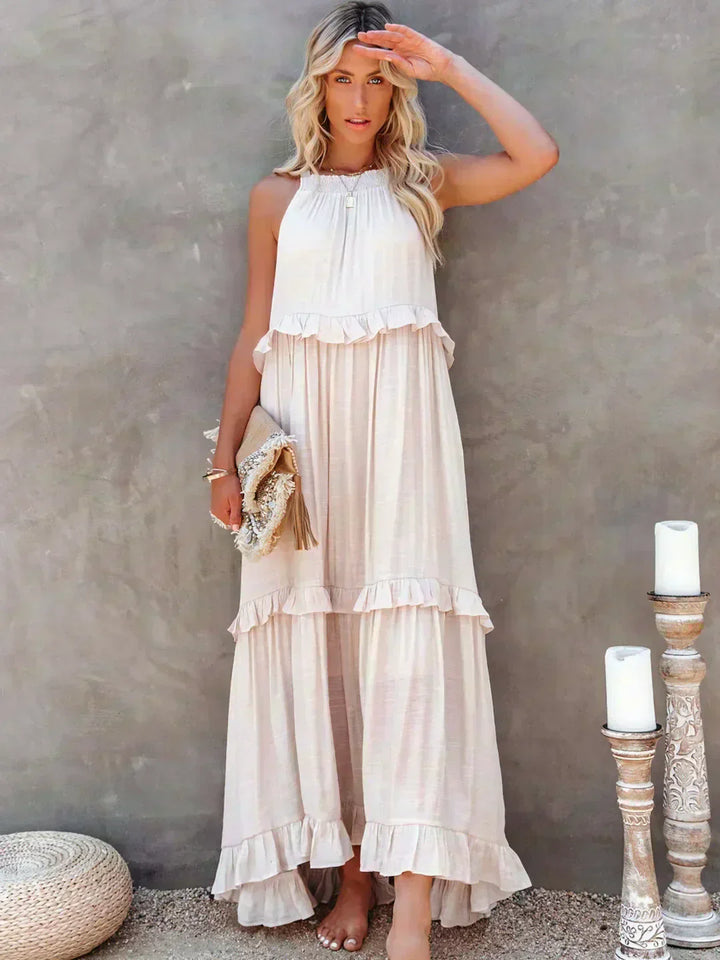 Women's Sleeveless Ruffle Maxi Dress with Halter Neck