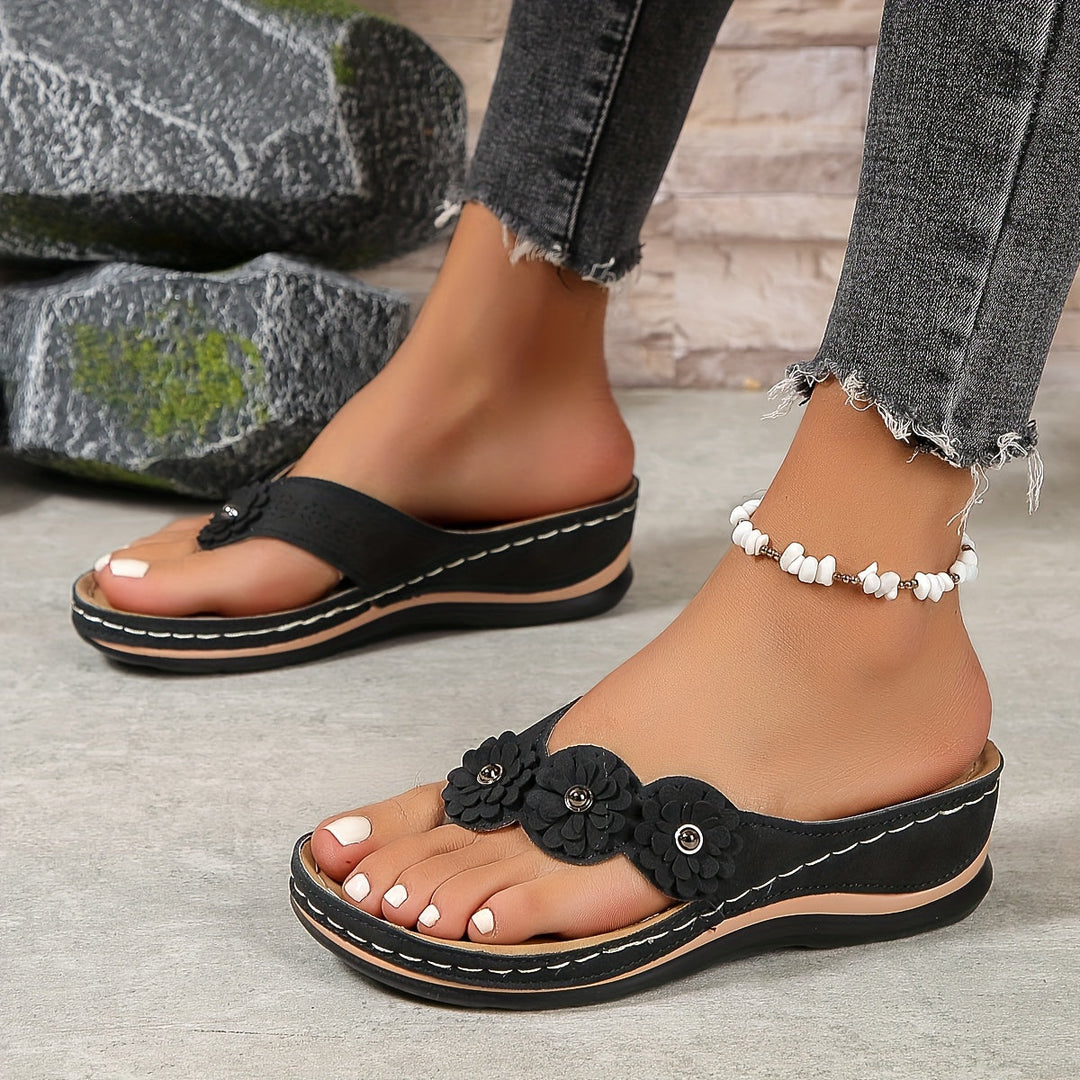 Women's Orthopedic Wedge Flip Flop Sandals with Floral Detail