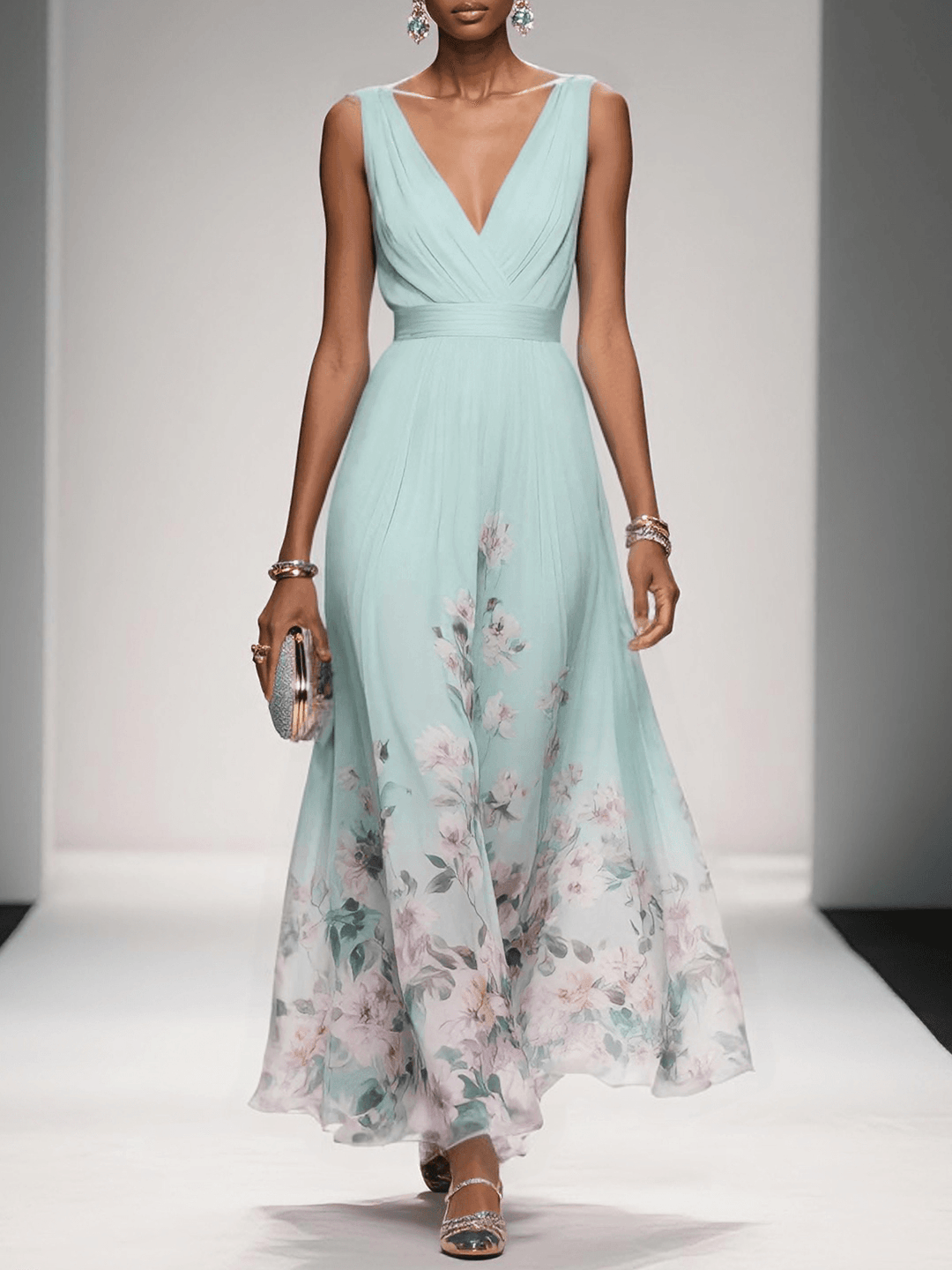 Women's Floral Print V-Neck Wedding Guest Maxi Dress