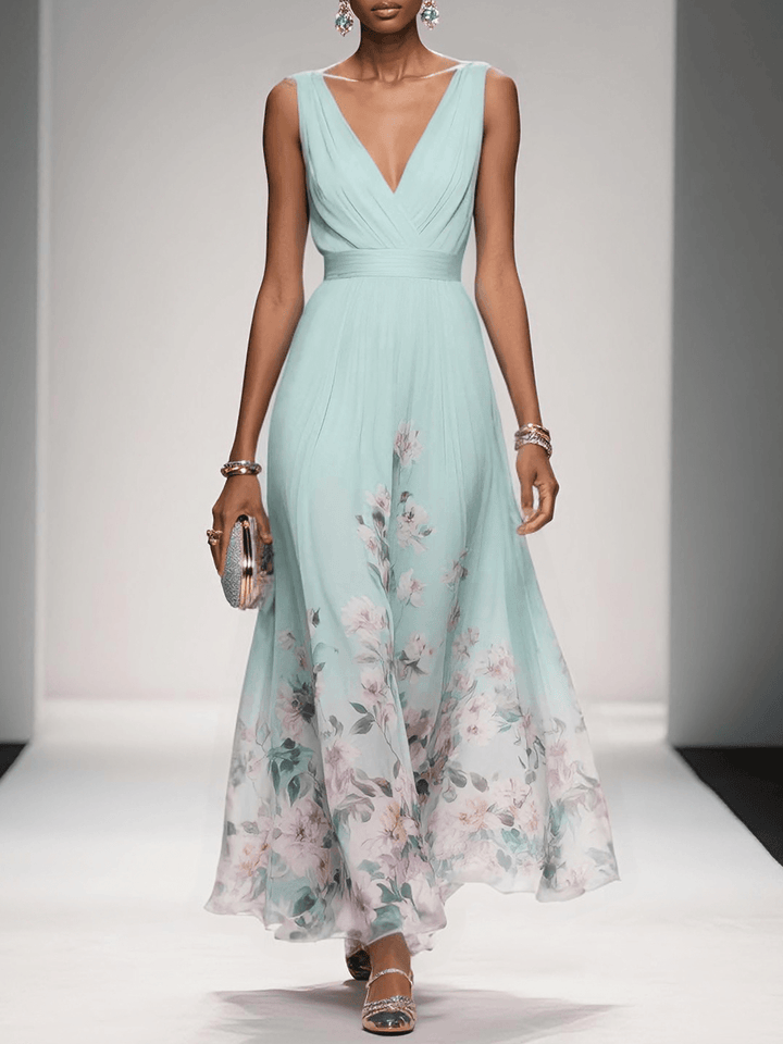 Women's Floral Print V-Neck Wedding Guest Maxi Dress
