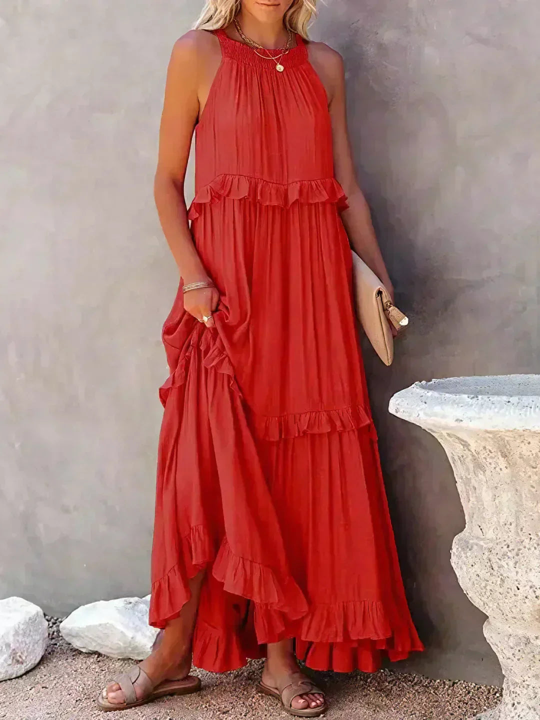 Women's Sleeveless Ruffle Maxi Dress with Halter Neck