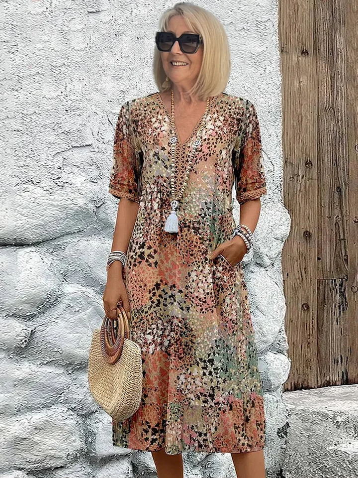 Women's Floral Print V-Neck Midi Dress with Pockets