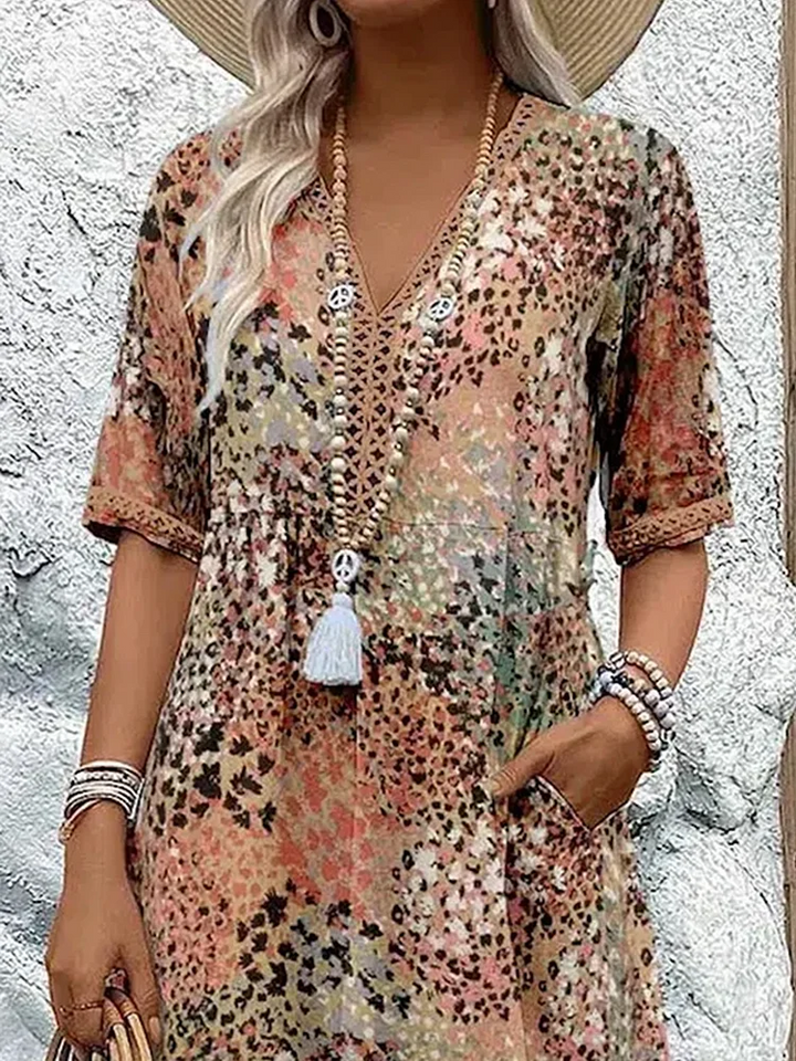 Women's Floral Print V-Neck Midi Dress with Pockets