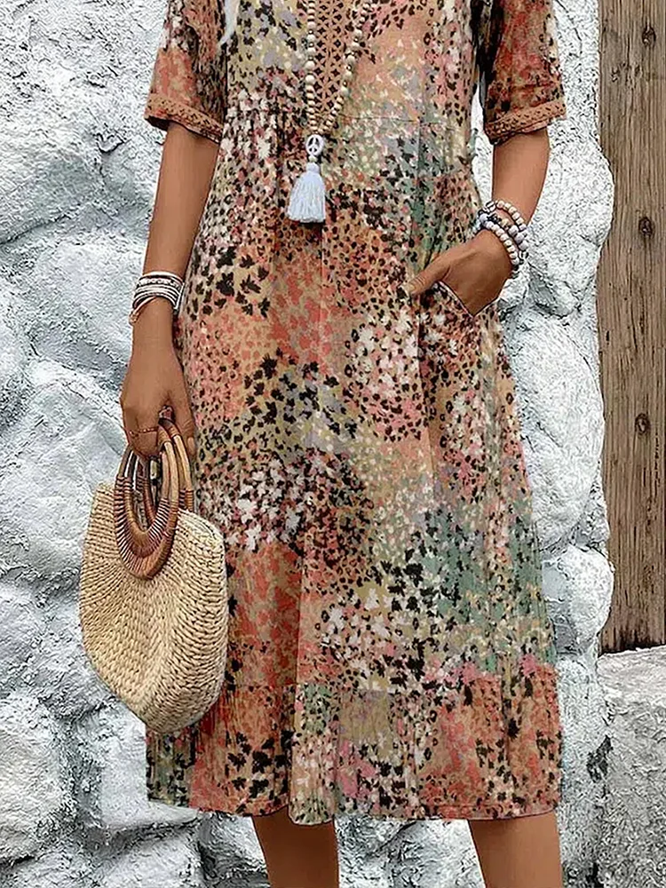 Women's Floral Print V-Neck Midi Dress with Pockets