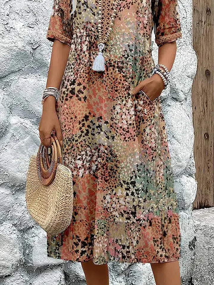 Women's Floral Print V-Neck Midi Dress with Pockets