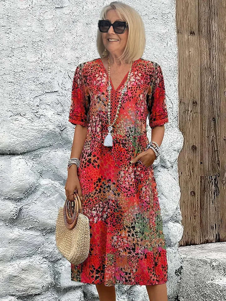 Women's Floral Print V-Neck Midi Dress with Pockets