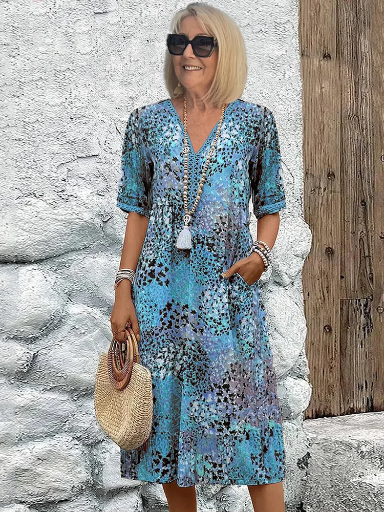 Women's Floral Print V-Neck Midi Dress with Pockets