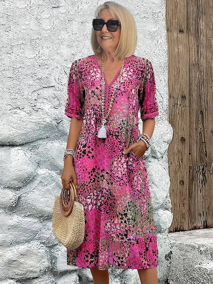 Women's Floral Print V-Neck Midi Dress with Pockets