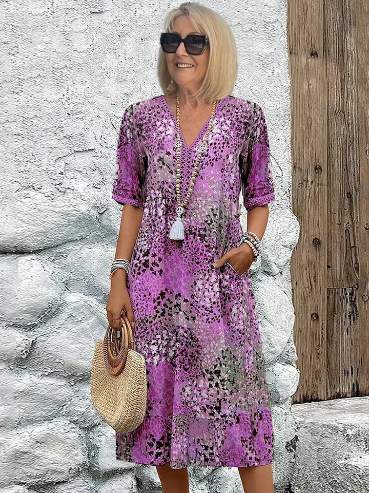 Women's Floral Print V-Neck Midi Dress with Pockets