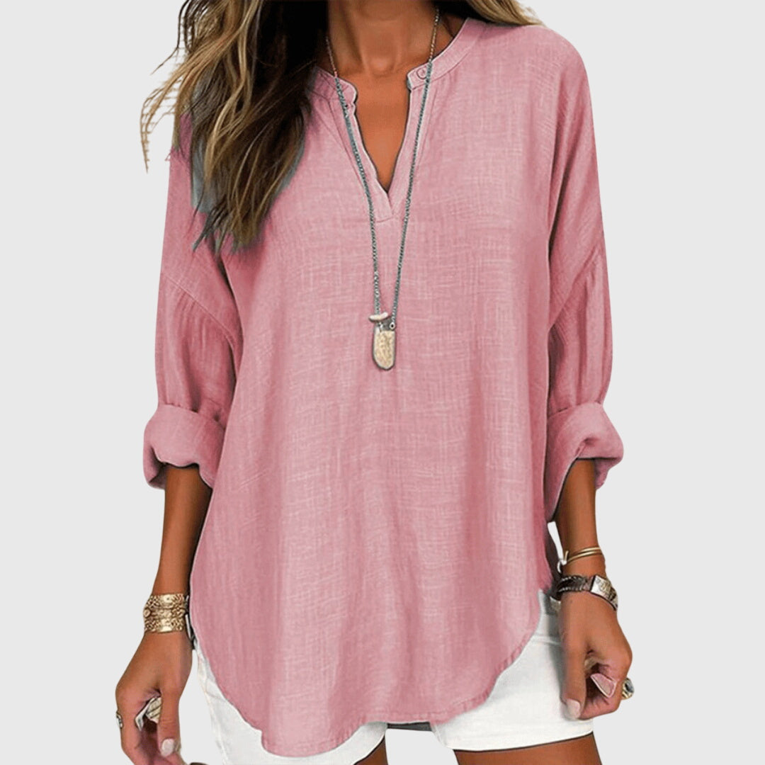 Women's Flowy V-Neck Long Sleeve Linen Beach Shirt