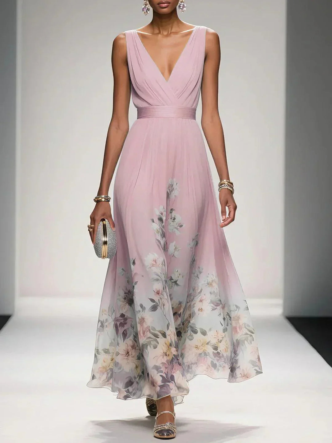 Women's Floral Print V-Neck Wedding Guest Maxi Dress