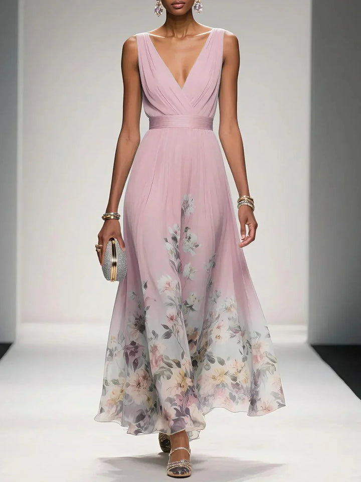 Women's Floral Print V-Neck Wedding Guest Maxi Dress