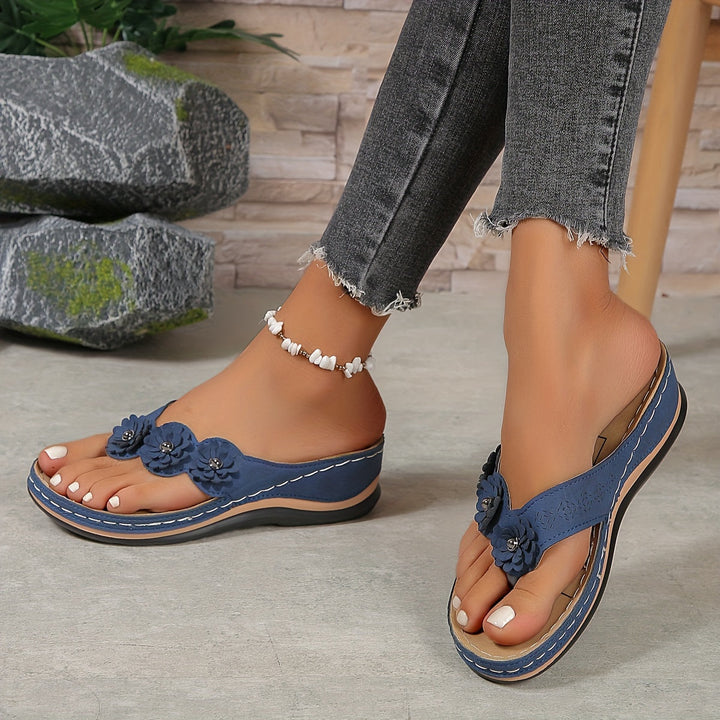Women's Orthopedic Wedge Flip Flop Sandals with Floral Detail