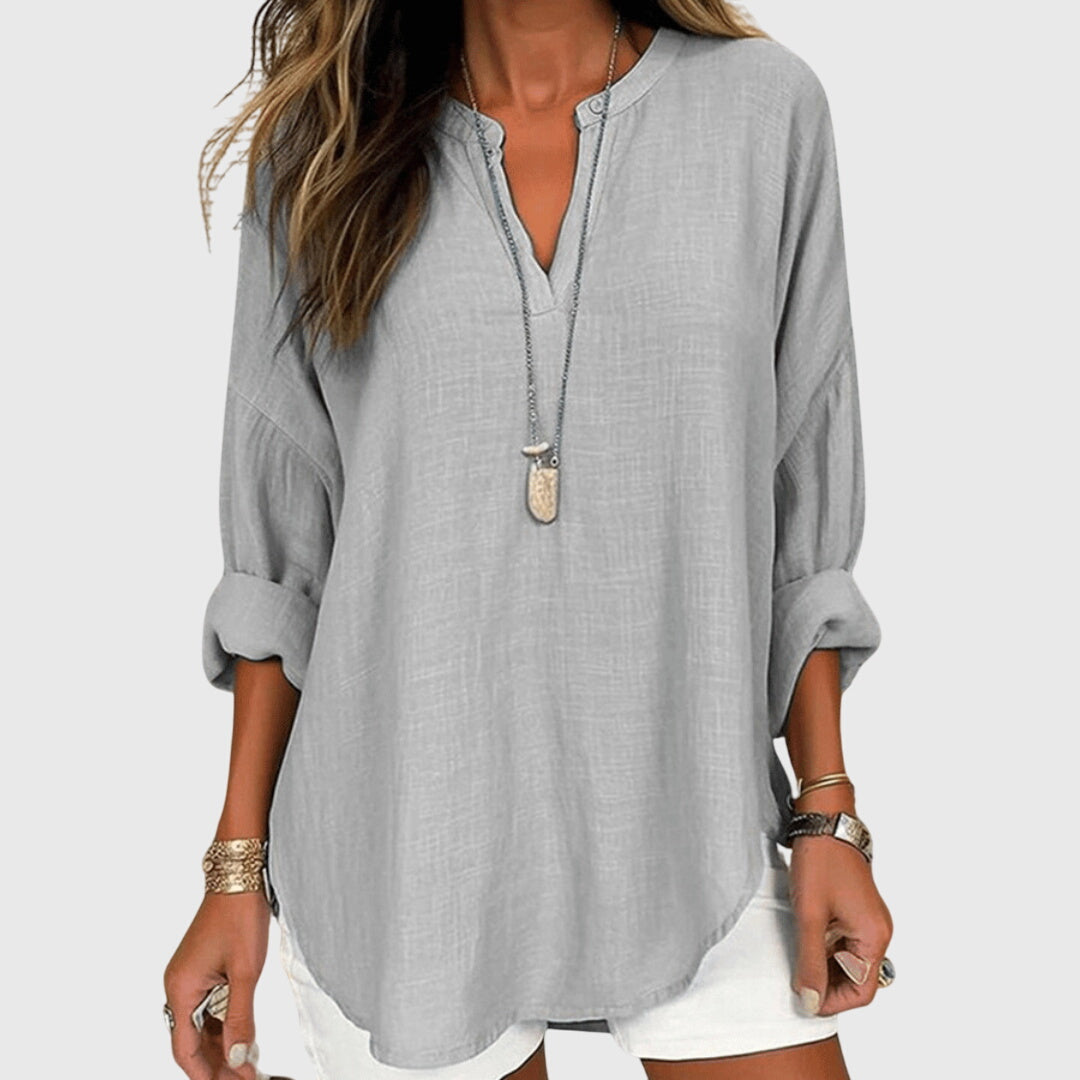 Women's Flowy V-Neck Long Sleeve Linen Beach Shirt