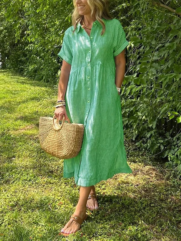 Women's Striped Button Front Midi Shirt Dress Short Sleeve