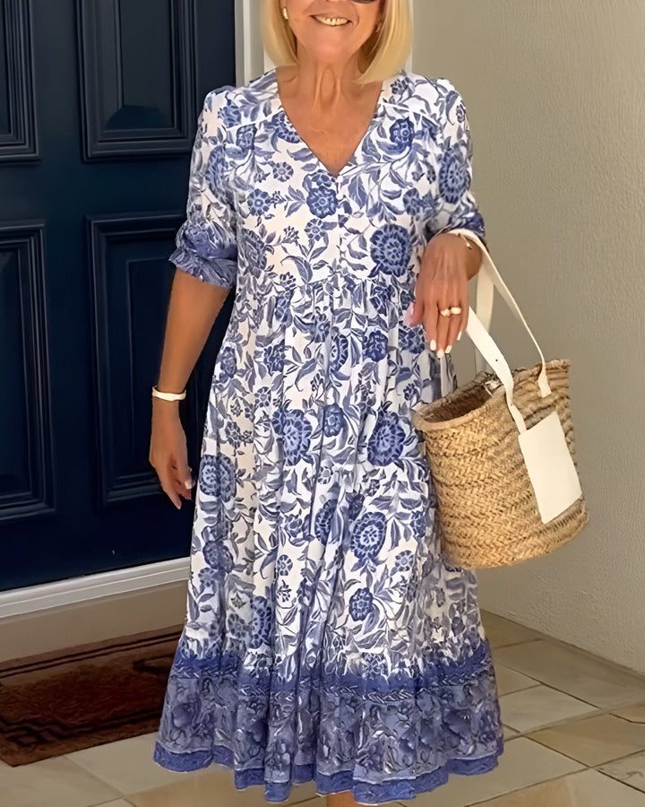 Women's Floral V-Neck Midi Dress with Short Sleeves