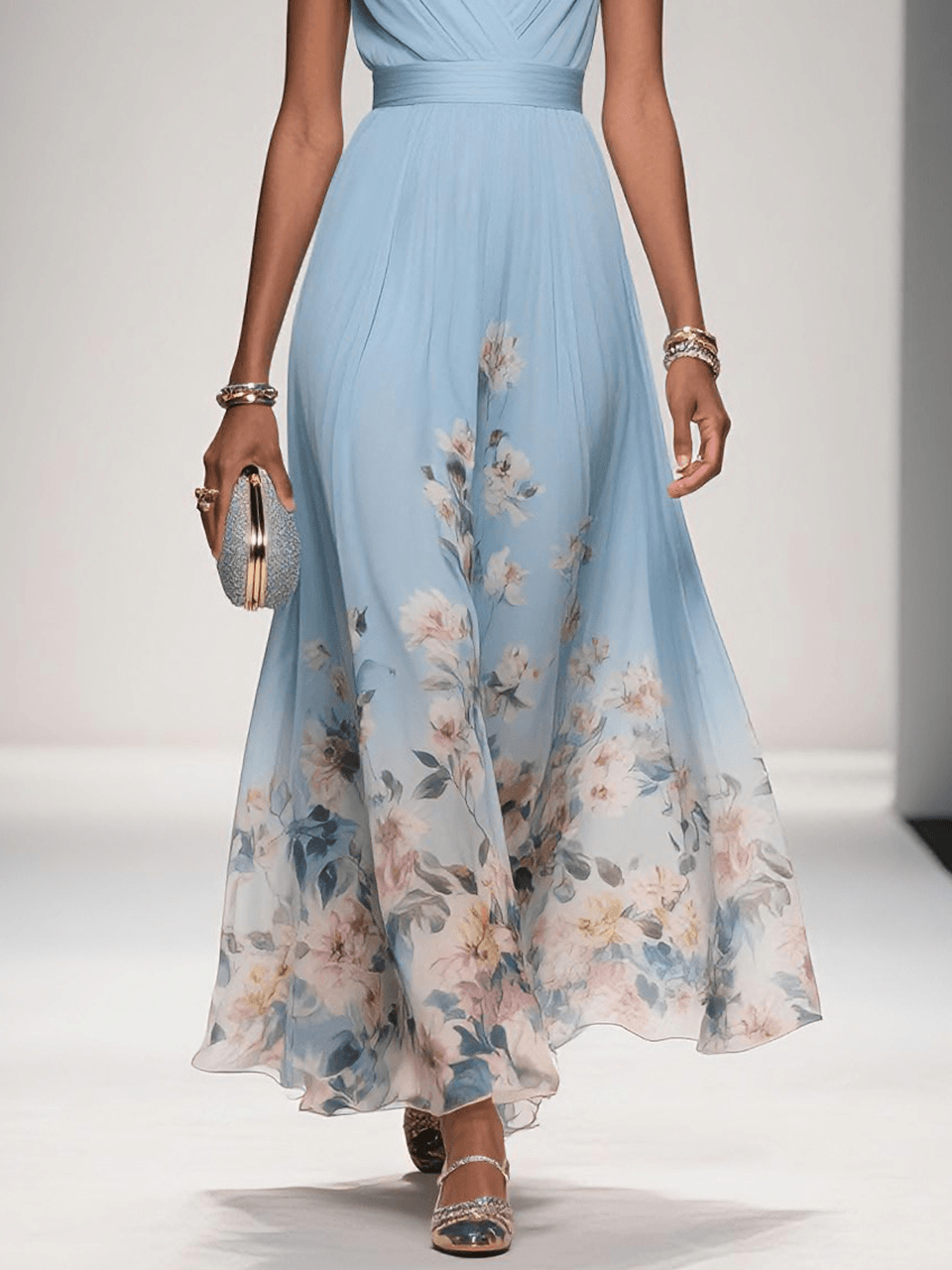 Women's Floral Print V-Neck Wedding Guest Maxi Dress