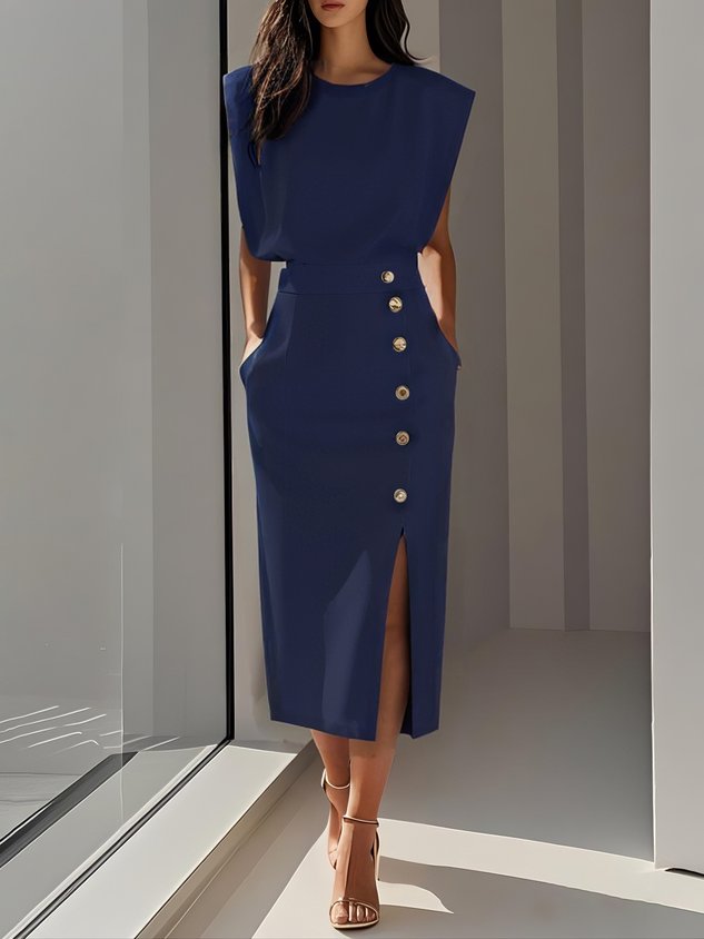 Women's Sleeveless Midi Dress Button Detail Side Split