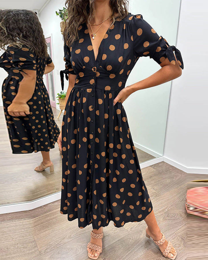 Women's Polka Dot V-Neck Midi Dress with Belt