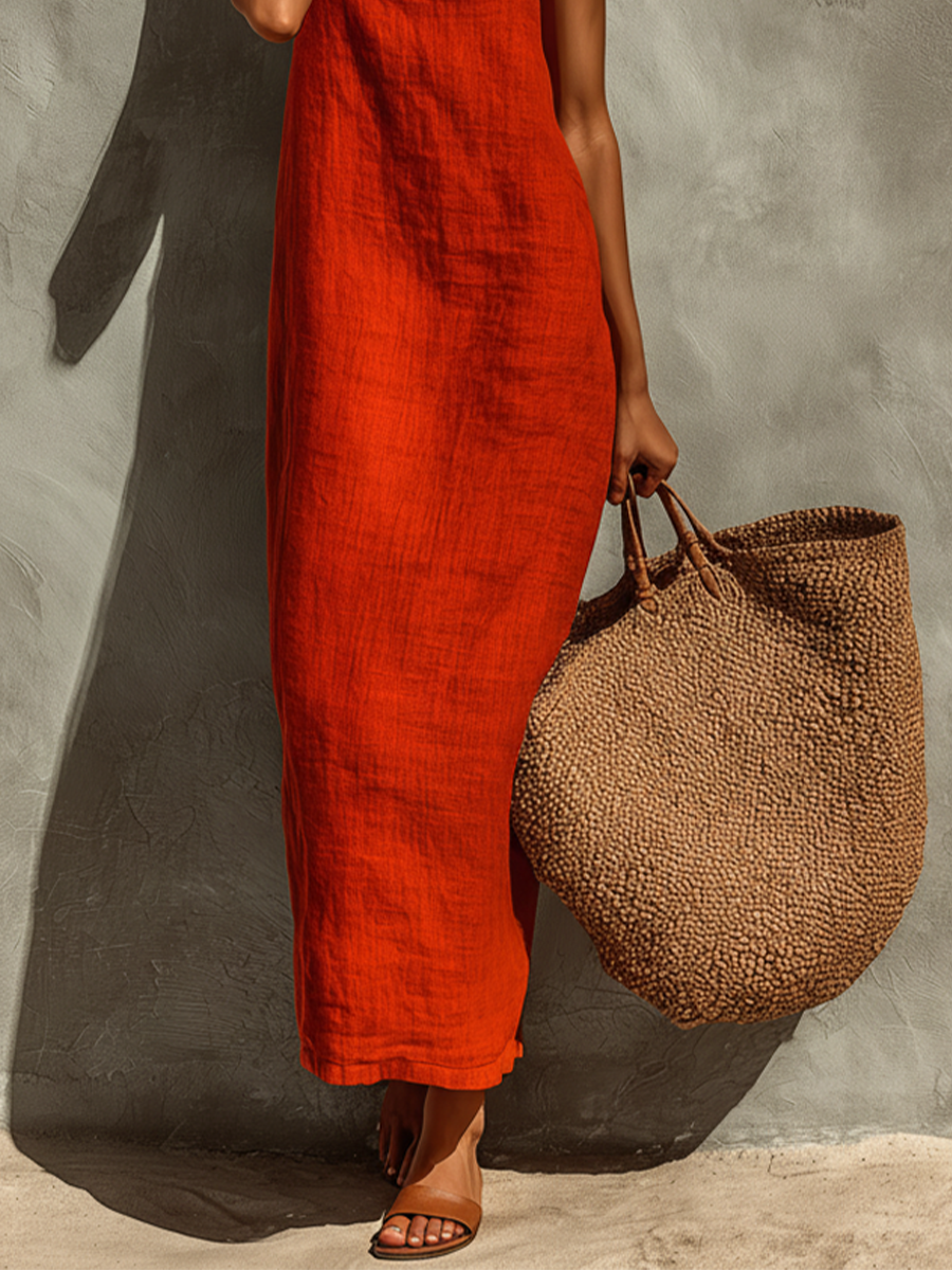 Women's Cotton Maxi Dress Spaghetti Strap Square Neck