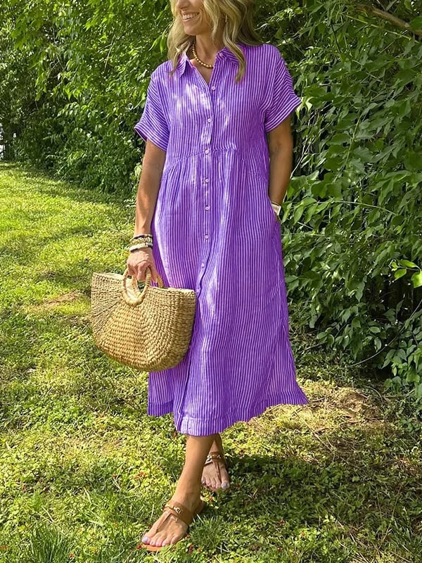 Women's Striped Button Front Midi Shirt Dress Short Sleeve
