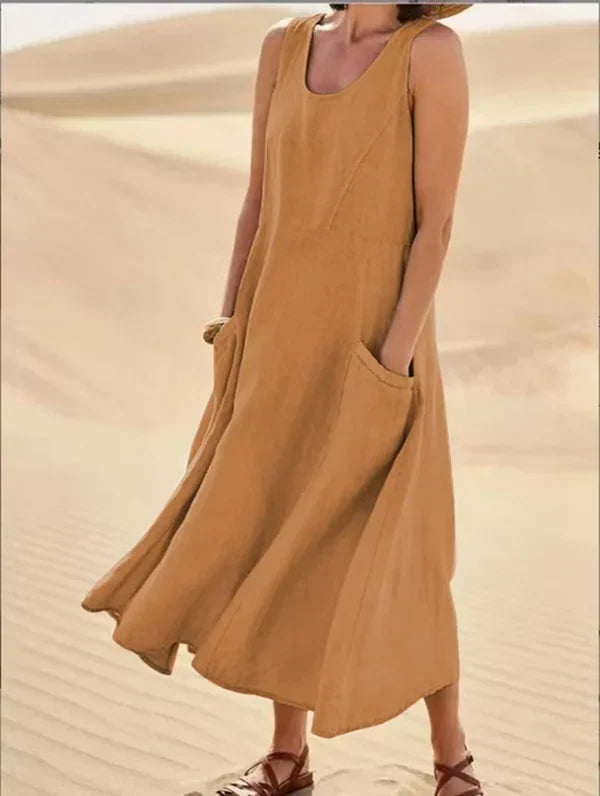 Women's Sleeveless Linen Maxi Dress with Side Pockets