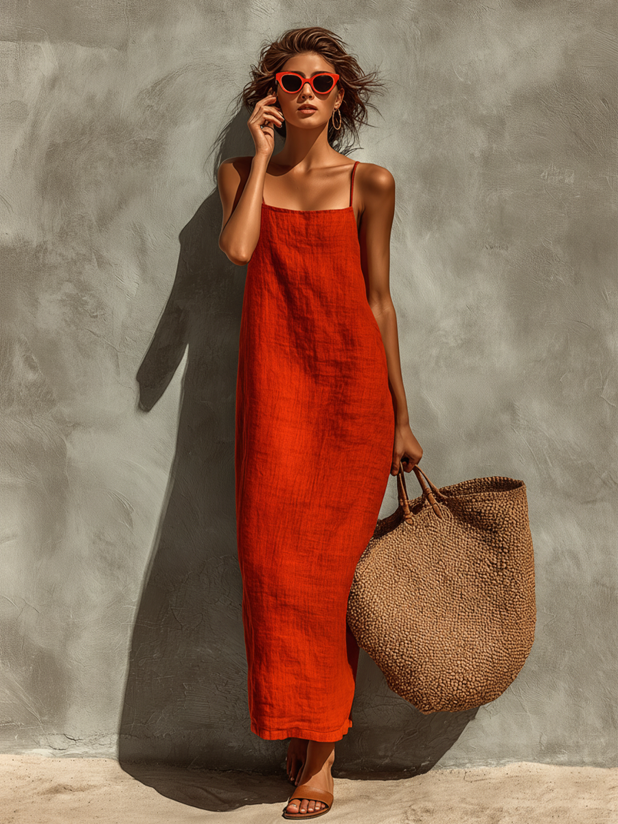 Women's Cotton Maxi Dress Spaghetti Strap Square Neck