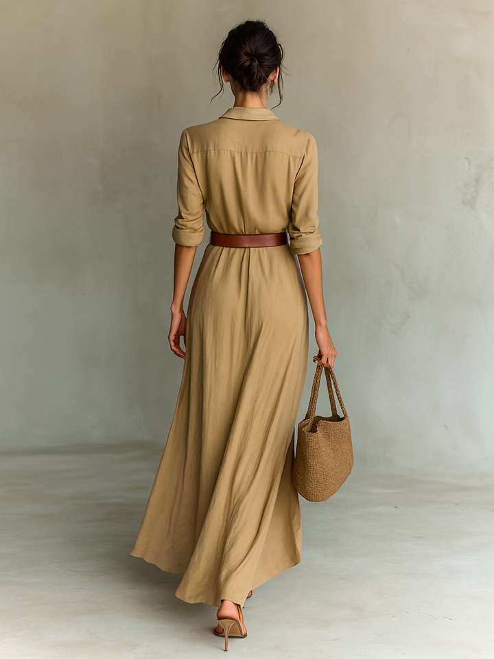 Women's Belted Maxi Dress with Lapel V-Neck and Long Sleeves
