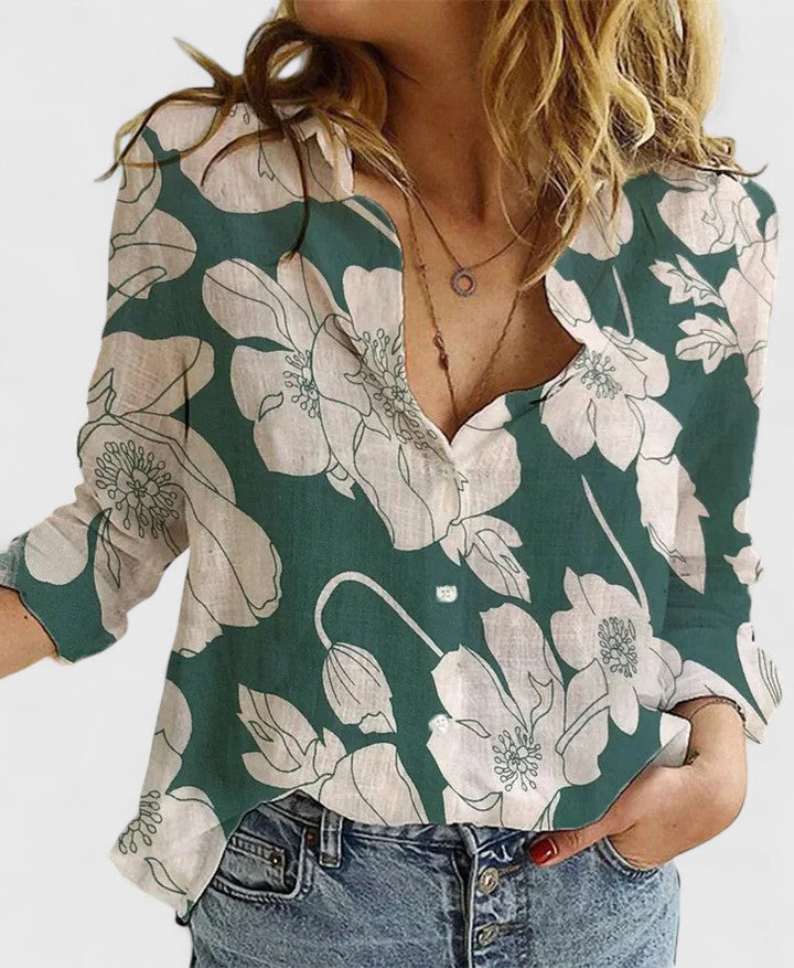 Women's Linen Button Down Shirt with Lapel Collar and Curved Hem