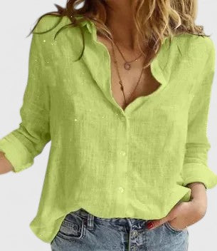 Women's Linen Button Down Shirt with Lapel Collar and Curved Hem