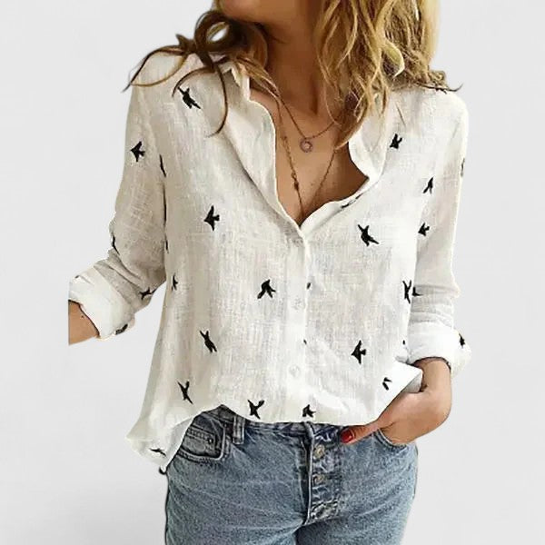 Women's Linen Button Down Shirt with Lapel Collar and Curved Hem
