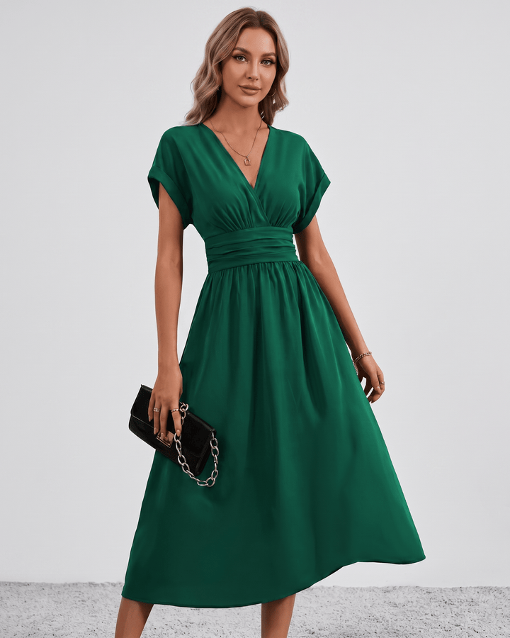 Women's V-Neck Midi Dress Batwing Sleeve Pleated A-Line